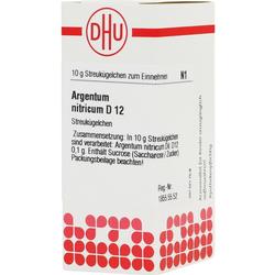 Weiße Verpackung mit der Aufschrift "Argentum nitricum D12" und roten Mustern.