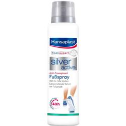Weiße Sprühdose von Hansaplast mit der Aufschrift "Silver Active Fußspray".