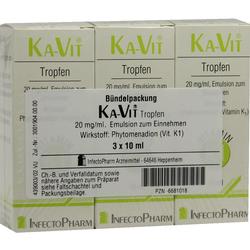 Packung mit drei Flaschen Ka-Vit-Tropfen zur Einnahme.