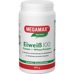 Ein weißer Behälter mit Schoko-Proteinpulver von Megamax.