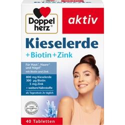 Die Verpackung zeigt ein Nahrungsergänzungsmittel mit Kieselerde, Biotin und Zink für Haut, Haare und Nägel.